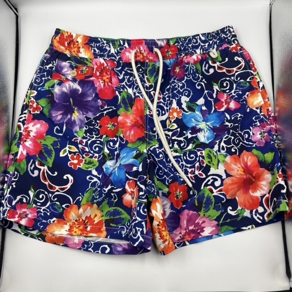 Polo Ralph Lauren Men's Large Floral Hibiscus Navy Blue 5.5" Swim Trunks